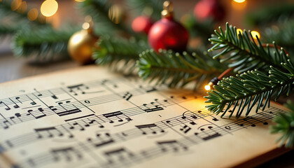 Close-up of a classical piece of music with Christmas decorations and fir branches in a cozy festive atmosphere 