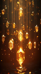 Hanging golden crystals surrounded by shimmering lights reflecting on water in magical atmosphere