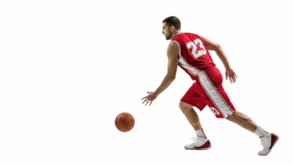 Explosive basketball player in red number 23 jersey driving forward while dribbling ball on white background, highlighting speed, ball handling control, focus and intense offensive court action

