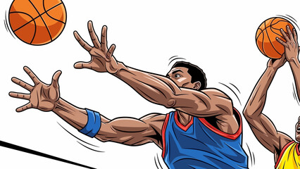 Basketball players reaching for the ball in a game.
