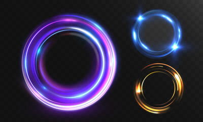 Set of glowing neon energy rings in purple, blue, and golden tones, featuring dynamic highlights and light trails for futuristic, sci-fi, or tech-themed design elements.
