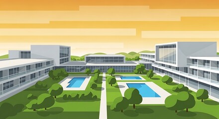 Scenic modern complex with verdant landscaping and sparkling swimming pools