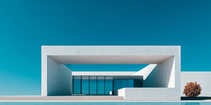 Modern house with minimalist design and clear blue sky in the background near a swimming pool - Powered by Adobe