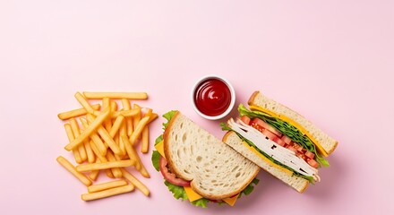 Sandwich, fries, and ketchup, top view food flat lay on pink surface