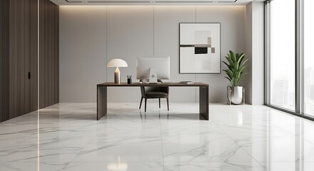 Sleek and Serene Workspace Design with Abstract Art and Polished Floors