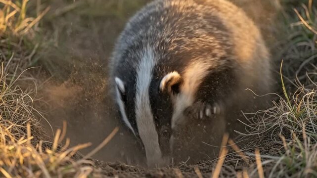 Captivating Badger Excavating Soil in Natural Habitat, Action-Packed Wildlife Sequence