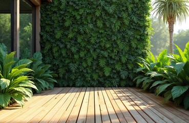 Obraz premium Wooden terrace surrounded by lush green plants. Green wall of leaves. Sunshine illuminates the scene. Tropical style design concept. Relaxation area. Modern architecture exterior illustration.