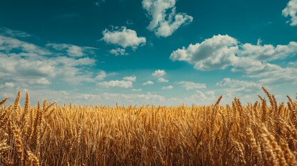 Golden Wheat Field Under a Bright Blue Sky with Fluffy White Clouds.