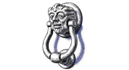Antique door knocker with lion head design in silver tone  