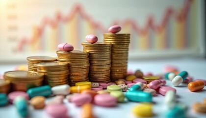 Colorful pills and capsules with stacked coins. Concept health insurance and medical expenses. Financial health growth and rising healthcare costs. Medicine costs illustrate finance and prescription