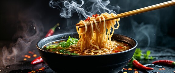 Hot Noodle Soup with Chopsticks Displaying Fresh Ingredients and Steam Rising in Dark Background a Culinary Presentation Reaching out and Inviting Everyone to Taste