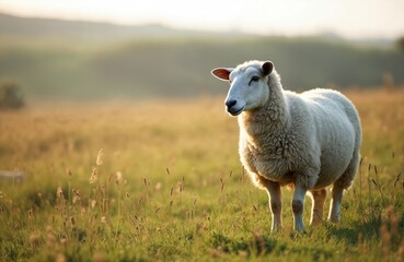 A single merino sheep stands in a green field during the day. The animal is bathed in warm sunlight against a blurred background. Pastoral scene shows woolly farm animal in natural setting.