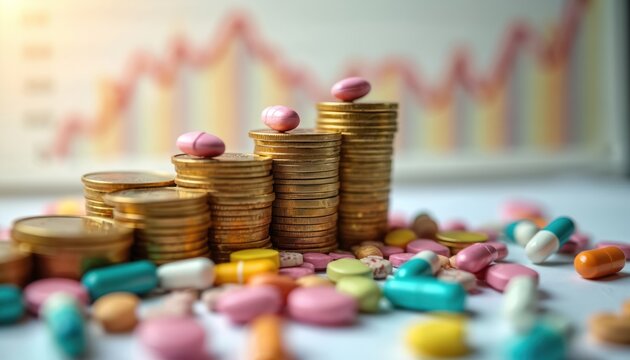 Colorful pills and capsules with stacked coins. Concept health insurance and medical expenses. Financial health growth and rising healthcare costs. Medicine costs illustrate finance and prescription