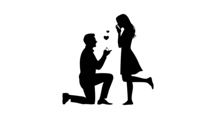 Silhouette of a man proposing marriage to a woman with hearts, isolated on transparent background
