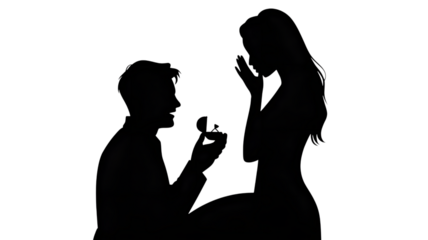 Silhouette of a man proposing to a woman, who is surprised and emotional, isolated on transparent background