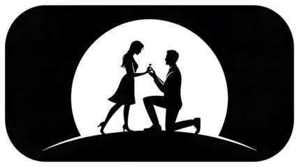 Silhouette of a man proposing to a woman under a full moon, symbolizing love, commitment, and a new beginning isolated on transparent background