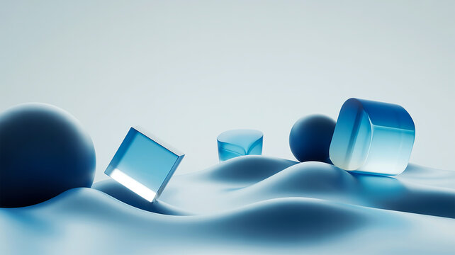Abstract Blue Geometric Shapes on Wavy Surface composition