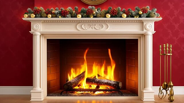 Cozy fireplace with christmas garland and warm glowing fire on a red wall backdrop