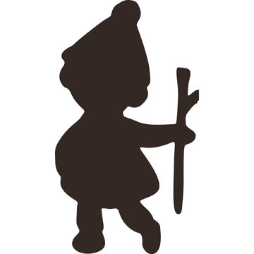 silhouette of a kid wearing hat holding a stick