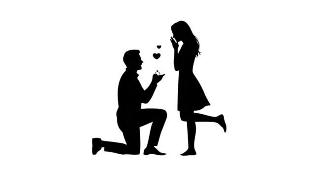 Silhouette of a man proposing marriage to a woman with hearts, isolated on transparent background