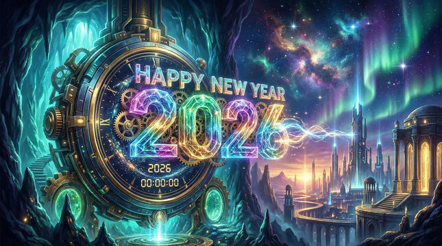 Steampunk Happy New Year 2026 Metropolis. Sci-fi fantasy scene with a massive steampunk clock displaying the New Year 2026 over a future city and the Northern Lights.