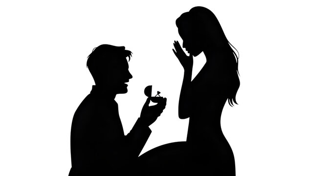 Silhouette of a man proposing to a woman, who is surprised and emotional, isolated on transparent background