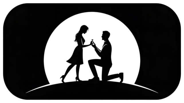 Silhouette of a man proposing to a woman under a full moon, symbolizing love, commitment, and a new beginning isolated on transparent background