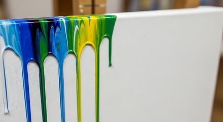 Vibrant paint drips on white canvas, creative expression and artistry