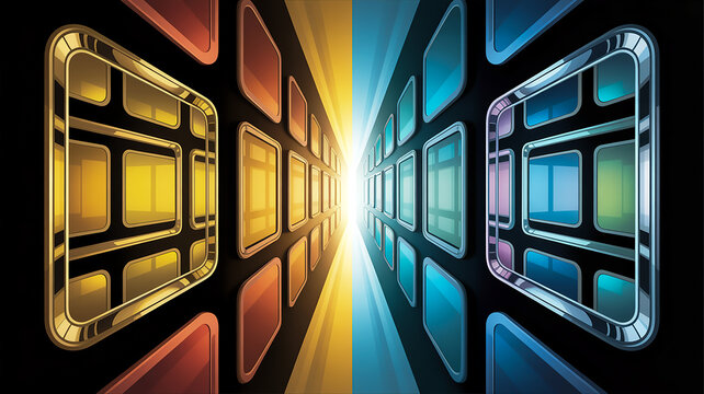 Abstract Digital Tunnel of Glowing Rectangles and Light Rays