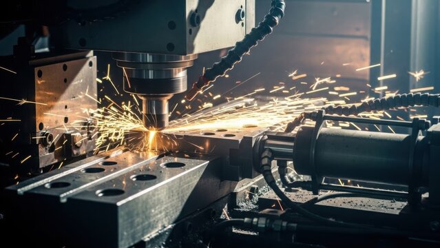Close up shot of industrial metal cutting machine with sparks flying during the manufacturing process