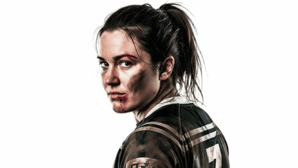 Determined female rugby player in dirty numbered jersey looking intensely over shoulder on white background, face smeared with mud, expressing toughness, resilience, impact of hard-fought contact matc