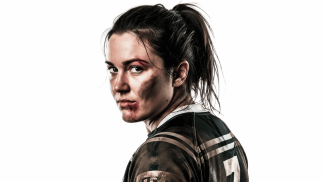 Determined female rugby player in dirty numbered jersey looking intensely over shoulder on white background, face smeared with mud, expressing toughness, resilience, impact of hard-fought contact matc - Powered by Adobe