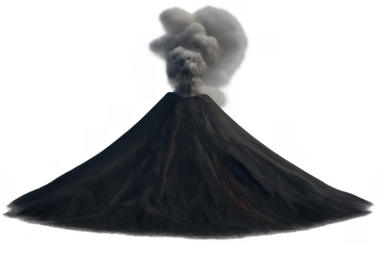 Volcano erupting ash and smoke, spewing lava down its slopes, showing natural power and disaster risk with transparent background