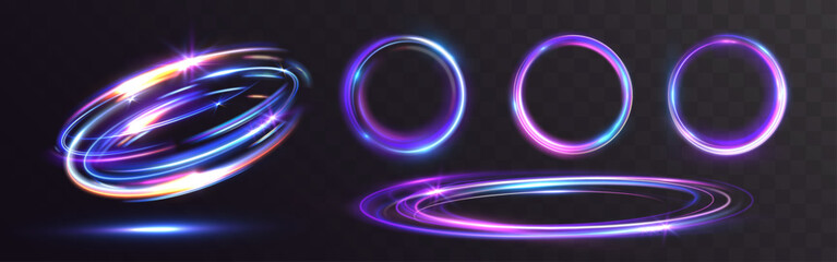 Set of glowing neon vortex rings and circular light trails in blue, purple, and pink tones, featuring swirling motion, spark flares, and futuristic holographic energy loops.
