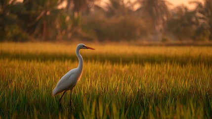 Fototapeta premium Great Egret in Golden Rice Paddy Field at Sunset.