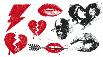Red lips print with grunge skull heart illustration featuring bold distressed details and dramatic splatter effects isolated on white background
