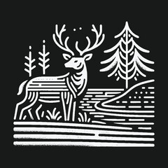 Minimalist deer illustration with pine trees and water in black and white.