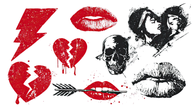 Red lips print with grunge skull heart illustration featuring bold distressed details and dramatic splatter effects isolated on white background