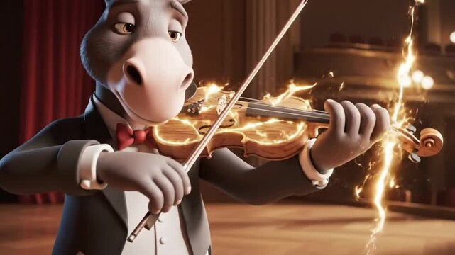 An anthropomorphic hippopotamus in a formal tuxedo playing a flaming violin on a stage during a performance.