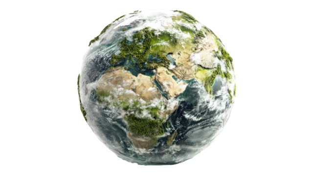 Highly detailed planet Earth globe showin forests and clouds in realistic natural view presented isolated on white background