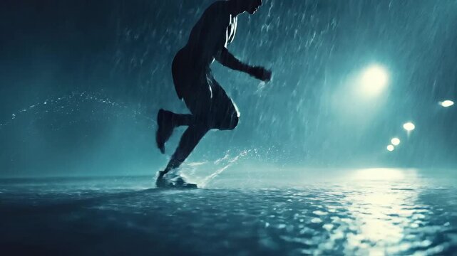 A determined runner sprints through heavy rain at night, illuminated by a bright light, creating dramatic splashes on the wet ground.