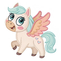&ldquo;Cute cartoon horse with stitched wings, fantasy applique style, soft pastel tones, kids tee design&rdquo;