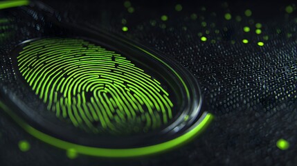 Green glowing fingerprint on a dark digital surface, representing biometric security and data protection.