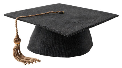 Black graduation cap with square mortarboard and hanging tassel symbolizing academic achievement and commencement ceremony isolated on white background