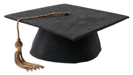 Black graduation cap with square mortarboard and hanging tassel symbolizing academic achievement and commencement ceremony isolated on white background
