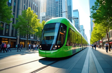 Naklejka premium Bright green modern tram moves through city center street. Tall buildings and green trees line the road. People walk on sidewalk near tram tracks. Sunny day, clean transport.