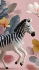 Naklejka premium Zebra, floral design, tropical leaves, pastel colors, wildlife. Stylized portrait of a zebra surrounded by flowers and decorative leaves on a pink background. Fashion, art, elegance.