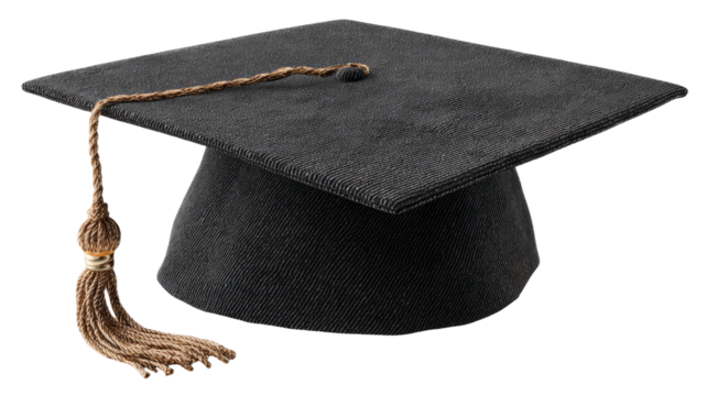 Black graduation cap with square mortarboard and hanging tassel symbolizing academic achievement and commencement ceremony isolated on white background