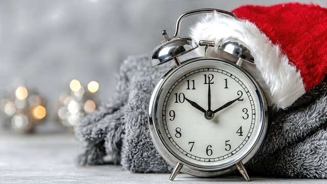 Christmas countdown concept with alarm clock wearing Santa hat on holiday background