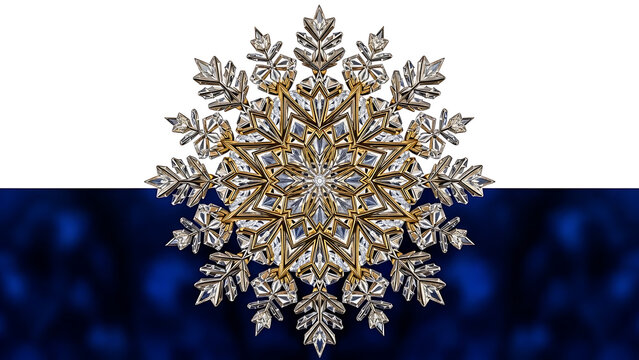 Ornate crystal snowflake with gold accents on a white and blue gradient background in center view